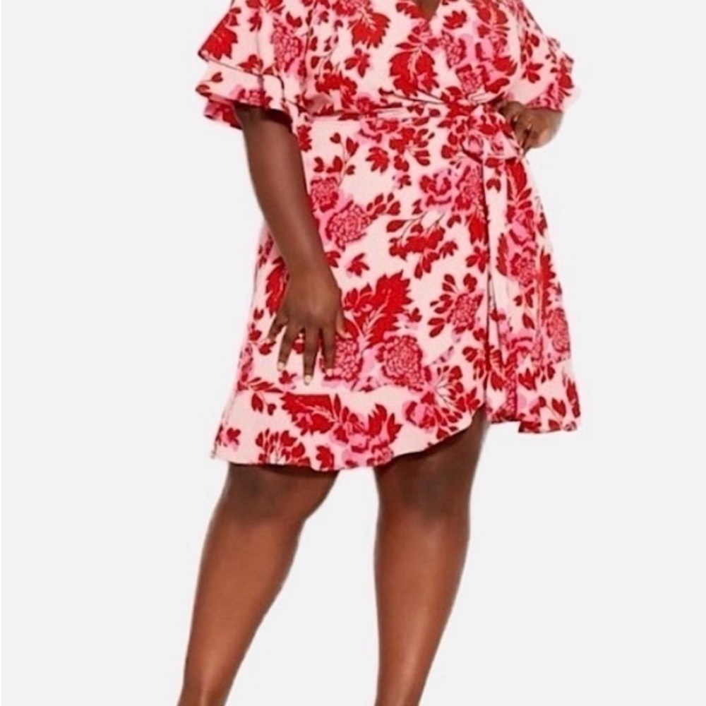 City Chic Women’s Scarlet Floral Mini Faux Wrap Dress Pink Red Size 16